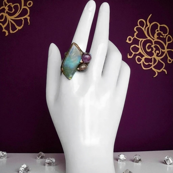 🆕️Boho Chic Labradorite & Amethyst Adjustable Copper Ring Rustic Vintage Style - Picture 16 of 16